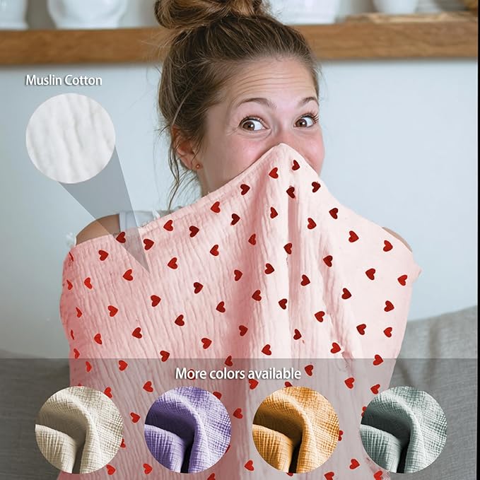 Muslin Nursing Covers for Breastfeeding, Arch Neckline Breast Feeding Covers for Women, Moms Privacy Breathable Summer Nursing Apron,Enlarged Soft Feeding Cover (Blush Red Heart)
