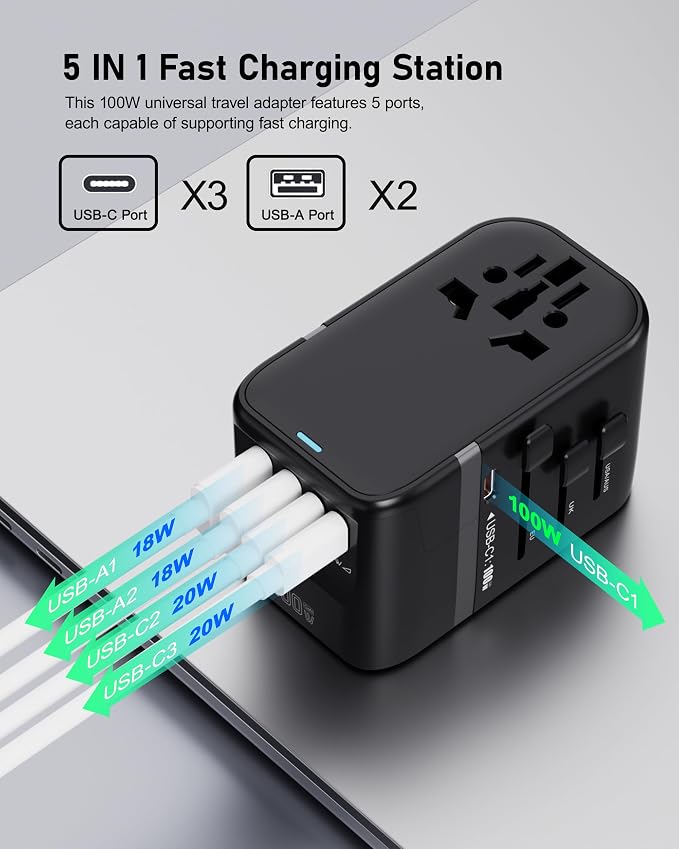 100W GaN Universal Travel Adapter International Power Adapter, with 5 USB(3 USB C) Charging Ports European Travel Plug Worldwide for US to Europe UK, EU, AU (Type C/G/A/I) Outlet Wall Charger