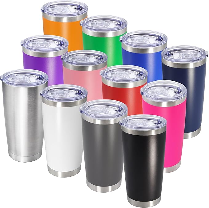 AIANJI 20oz Tumbler Bulk Stainless Steel Tumblers with Lid Vacuum Insulated Double Wall Travel Coffee Mug Powder Coated Tumbler Cup for Hot and Cold Drinks(Mix Color, 12 pack)