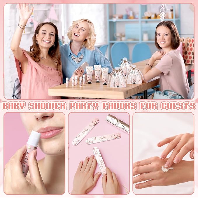 Leelosp 24 Sets Baby Shower Favors for Guests Baby Shower Hand Cream and Lip Balm Bulk Gift Set Thank You Gift Travel Size Hand Lotion Lip Balm with Nail File Party Favors
