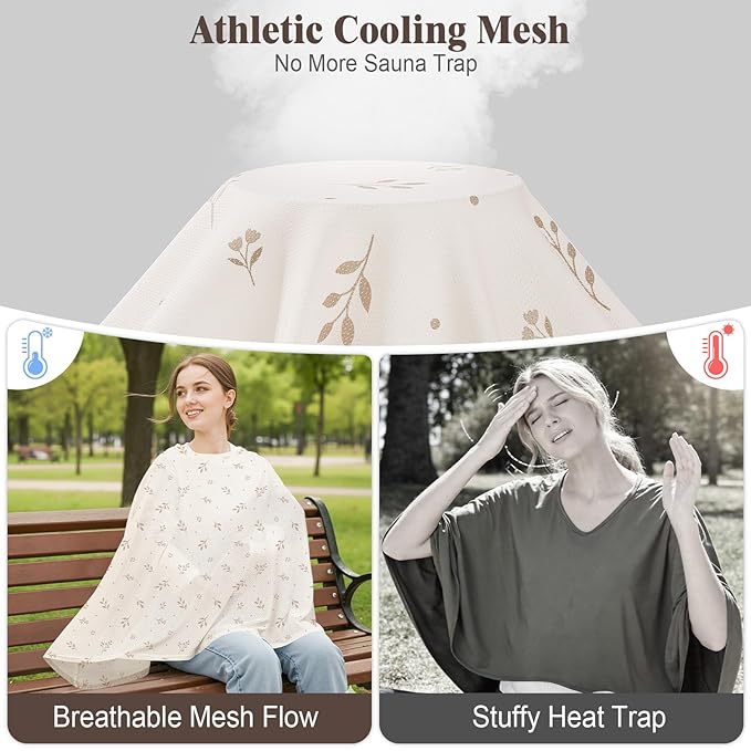 Basumee Nursing Cover for Breastfeeding Breathable Mesh 360 Full Privacy Nursing Wrap Multi-Use Breast Feeding Covers for Women Moms Feeding Essentials, Beige Branches, 1 Pack