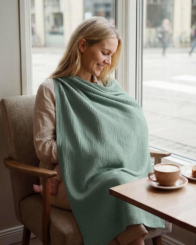 Blissful Diary Muslin Multi-Use Cloth - 4-in-1 Privacy Nursing Cover, Swaddle Blanket, Car Seat Cover, Burp Cloth, Portable Breastfeeding Essentials for Women, Baby Must Have (Roman Green)