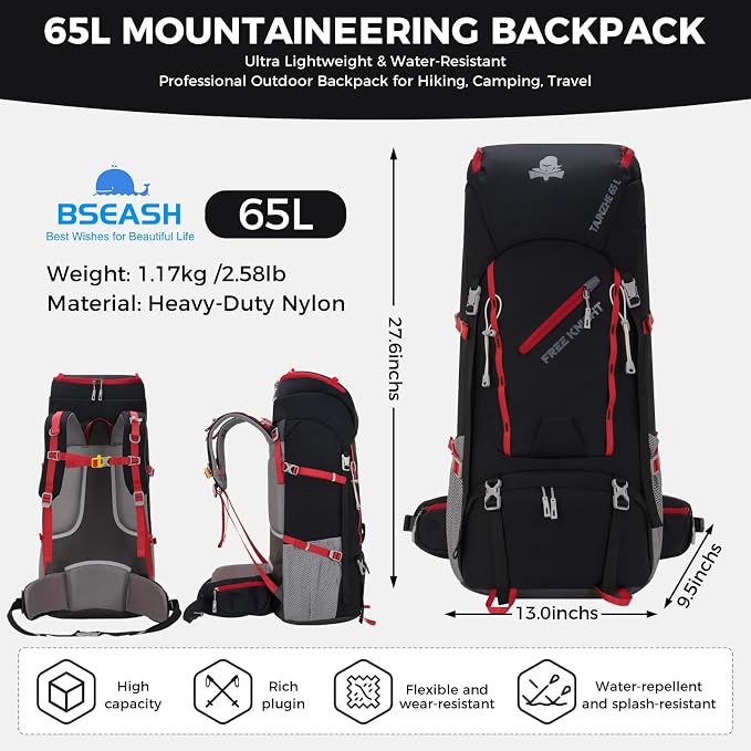 Bseash 65L Waterproof Hiking Camping Backpack with Rain Cover, Outdoor Sport Travel Daypack for Climbing Touring (Black)