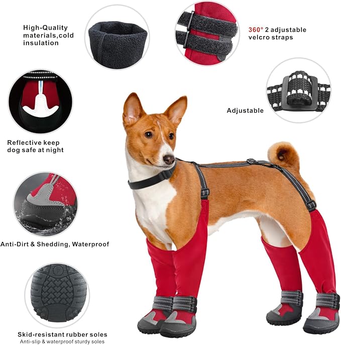 Idepet Dog Suspender Boots, Tall Dog Boots Anti-Slip & Fall Waterproof Shoes Leggings, Adjustable Suspender Boots for Winter Snow Rain Hiking Paws Protector (Red, 8)