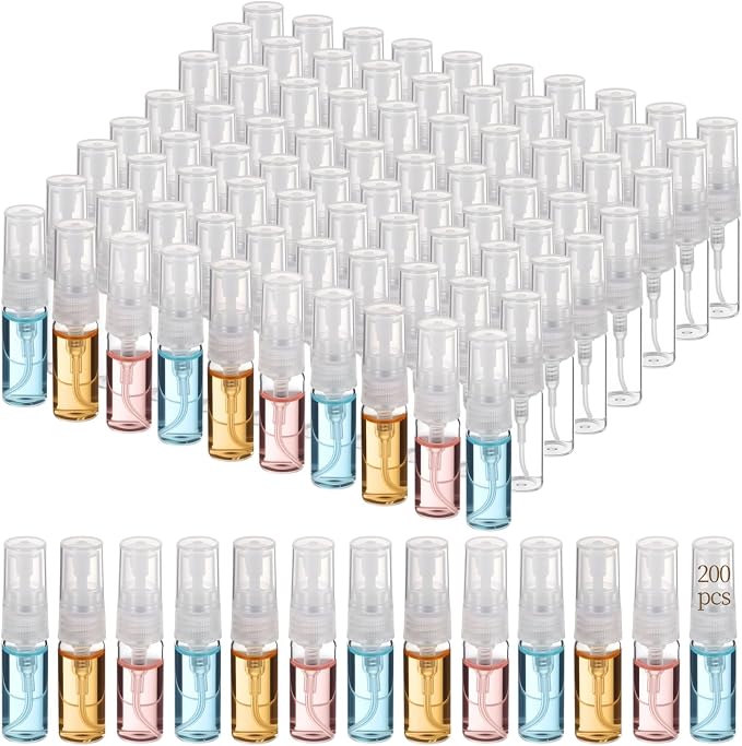 200 Pcs Mini Glass Spray Bottles, 3ml Transparent Perfume Sample Bottles with Leak-Proof Design, Travel Size Spray Bottles for Fragrance, Essential Oils, Facial Mist, and More