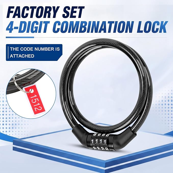 Hotop 2 Feet Bike Lock Cable with Combination, Coiled Preset Bike Lock High Security 4 Digit Bicycle Locks Anti Theft Bikes Accessories Black Bicycle Cable Locks, 5/6 Inch Diameter(10 Pcs)