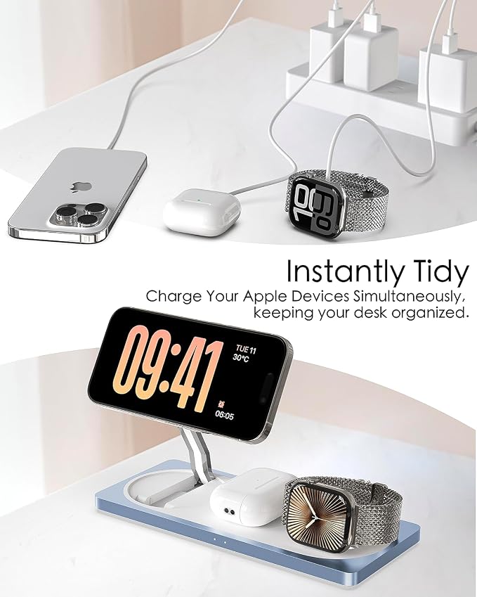 PETINO 3 in 1 Wireless Charging Station for Apple Devices with MagSafe | For iPhone 17/Air/16/15/14/13/12, AirPods & Apple Watch, Foldable Portable Aluminum Charging Stand, Adapter Included