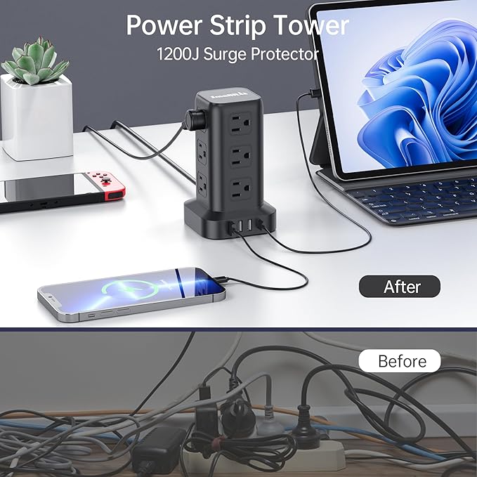 Extension Cord with Multiple Outlets, SMALLRT 2 Pcs Surge Protector Power Strip Tower, Outlet Extender with 12 AC Outlets 4 USB, 6.5FT Extension Cord for Home Office Dorm Room, Overload Protection