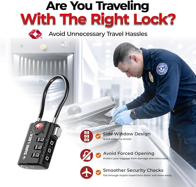 SURE LOCK TSA Approved Luggage Locks with Open Alert Indicator, 3 Digit Combination Cable Travel Lock for Suitcase, Backpack, Gym Locker, Toolbox & Travel Bag（1 Black）