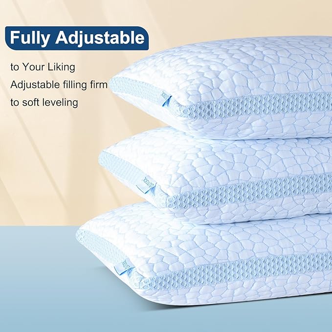 QUTOOL Enhanced Cooling Pillows for Sleeping, CertiPUR-US Shredded Memory Foam Pillows King Size Set of 1 for Hot Sleeper, Adjustable Bed Pillow for Side, Back, Stomach Sleepers Support Yet Soft, Blue