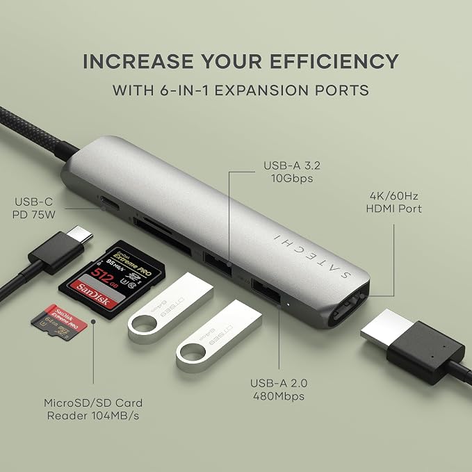 Satechi 6 in 1 USB C Hub Multiport Adapter with HDMI 4K@60Hz, 100W PD Charging, 2X USB-A Data Ports, Micro/SD Card Readers for MacBook Air/Pro/Neo, iPad Air/Pro, Windows – Space Gray