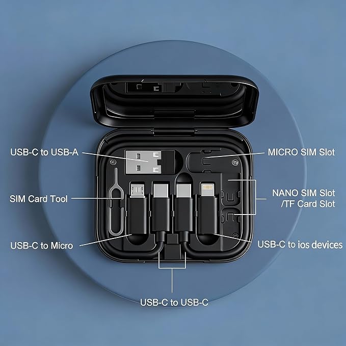 YANZIE USB-C Travel Adapter Kit for iPhone, Pixel & Galaxy: USB-A to C, Micro-USB to C, Type-C to Lightning, Short USB-C Cable, OTG, Mirror Case (Black)