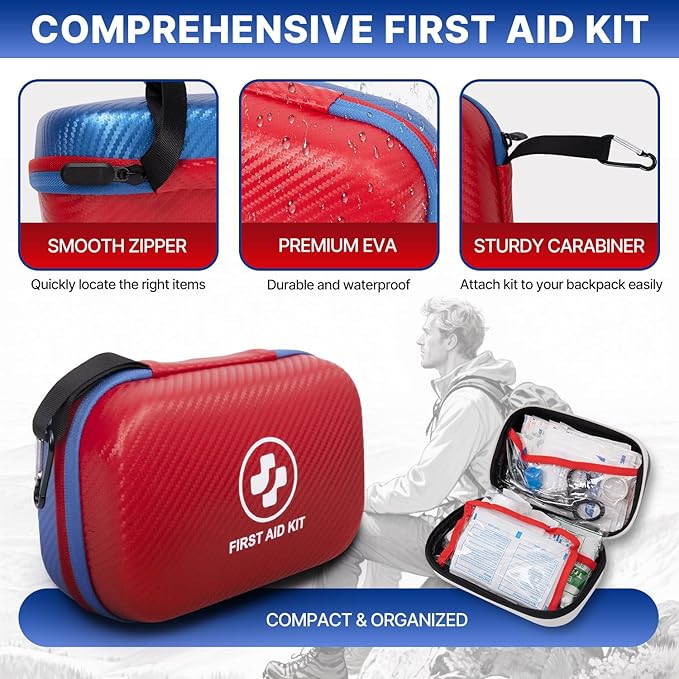 315 Piece Emergency Kit – Waterproof Hard Shell EVA First Aid Kit for Home, Car, Camping, Hiking, Travel, Office & Outdoor Emergencies(Red/Blue)