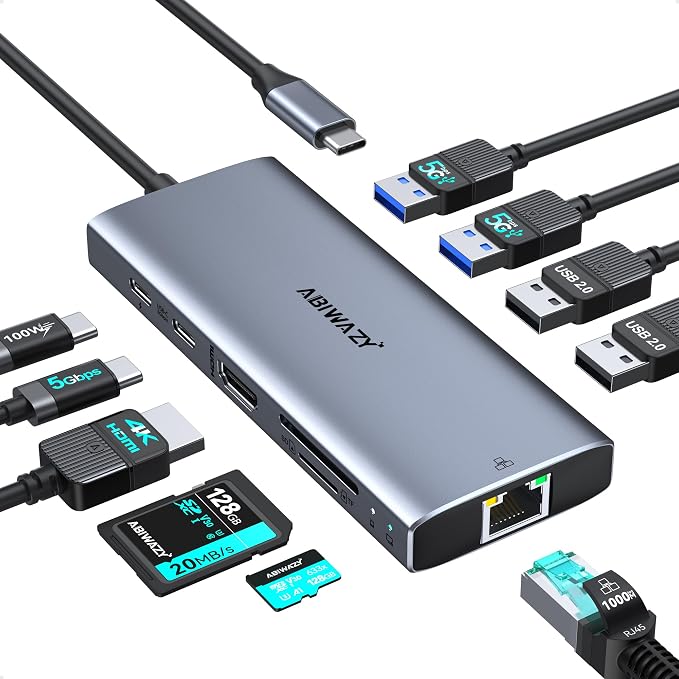 USB C Hub Multiport Adapter, 10-in-1 USB C to HDMI Ethernet Hub with 4K HDMI, 100W PD, Gigabit Ethernet, USB-C Data Port, 2×USB 3.0, 2×USB 2.0, SD/TF Card Reader for MacBook/Dell/HP/Windows Laptops