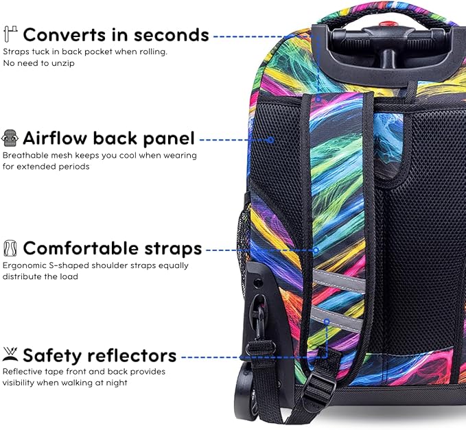 J World Sunrise Kids Rolling Backpack for Girls Boys. Roller Bookbag With Wheels For School, Quantum