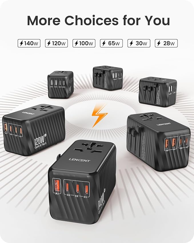 LENCENT 140W Universal Travel Adapter, International Plug Adaptor, GaN Fast Charger with 3 Type C+1 USB A, All in One Travel Essentials, Worldwide Outlet Converter for US to European EU UK AUS, Black