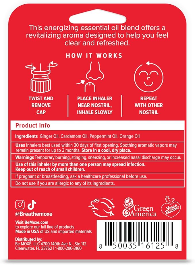MOXE Nausea Nasal Inhaler Sticks, All Natural Essential Oil Blend, Ginger, Cardamom, Peppermint, Sweet Orange, Upset Stomach, Headaches, Easy-to-Use Portable Aromatherapy, Made in USA, 3 Pack