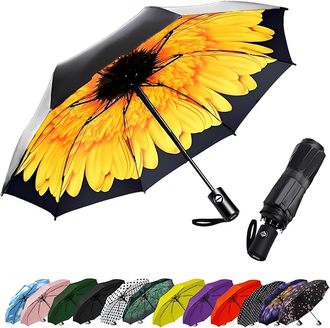 SIEPASA Compact Travel Umbrella - Windproof Auto Open/Close, Small Folding Umbrella for Rain & Sun with UPF50+ - Lightweight Frame, Waterproof - Fits Backpack, Purse, Suitcase.(Sunflower