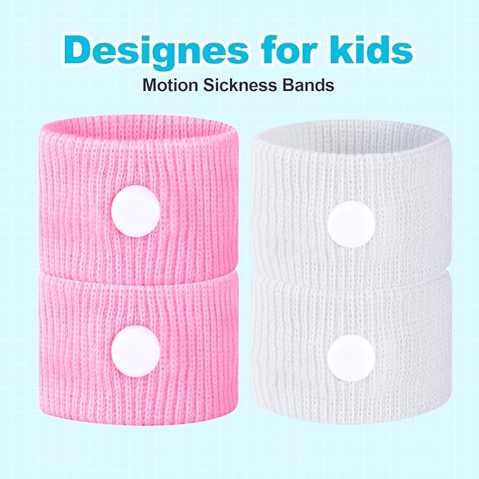 Motion Sickness Bands for Kids Cruise Travel Essentials Anti-Nausea Acupressure Wristband for Morning Car Sea Sickness Wristbands for Kids-2 Pairs White/Pink