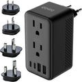 Travel Adapter Voltage Converter US to Europe Power Adapter Step Down Transformer 220V to 110V with 2 USB A 2 USB C & UK/AU/US/EU/﻿South Africa for Hair Dryer (Black)