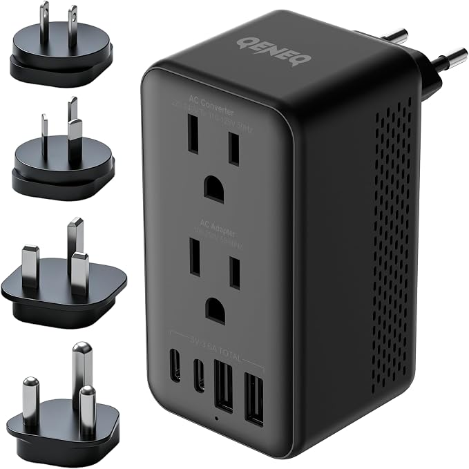Travel Adapter Voltage Converter US to Europe Power Adapter Step Down Transformer 220V to 110V with 2 USB A 2 USB C & UK/AU/US/EU/﻿South Africa for Hair Dryer (Black)