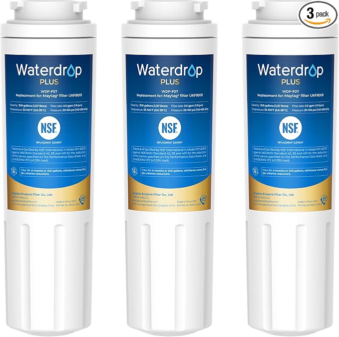 Waterdrop Plus UKF8001 NSF 401,53 Certified Refrigerator Water Filter, Reduce PFAS, Replacement for Whirlpool® Everydrop® Filter 4, EDR4RXD1, Maytag® UKF8001AXX, 3 Filters (Packaging May Vary)