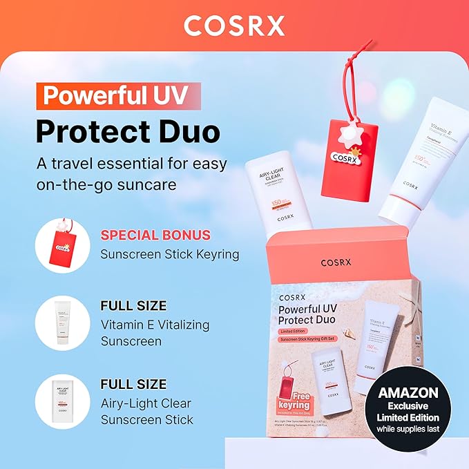 COSRX Vitamin E Sunscreen & Airy Light Clear Sunscreen Stick with Free Keyring, Amazon Exclusive, Korean Sunscreen, Beach Essentials, Travel Essentials, Korean Skincare Set Mothers Day Gifts for Woman