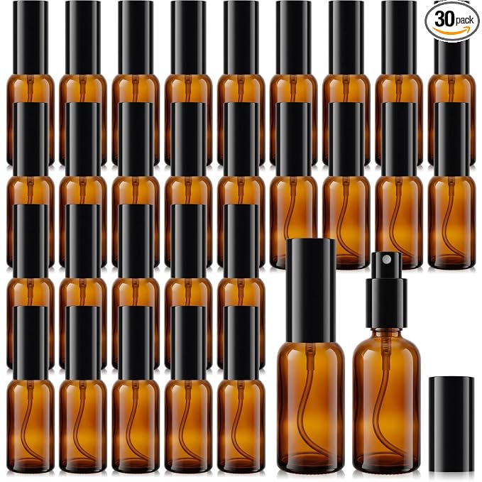 Roshtia 30 Pcs Glass Spray Bottle Clear Empty Bottles Small Refillable Reusable Perfume Bottle with Fine Mist Sprayer Pump for Face Body Travel(1 oz,Black Amber)