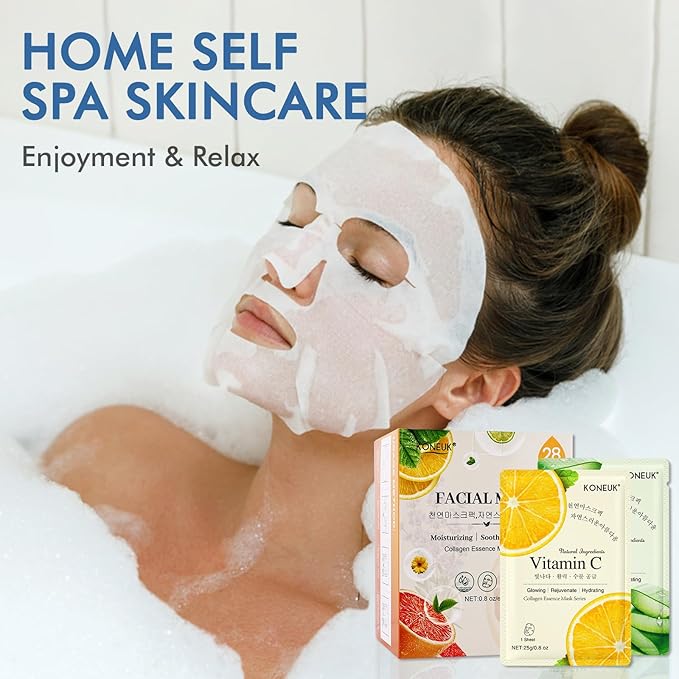 KONEUK 28 Pack Sheet Face Masks Skincare, Hydrating Face Masks Suitable for Sensitive Skin, Bulk Facial Mask Gifts Set for Women Skin Care, Home Skincare Spa for All Skin Types