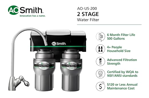 AO Smith Under Sink Water Filter System - Reduces PFAS, Lead, & Chlorine in Drinking Water - Under Counter Claryum Filtration for Kitchen - 2-Stage - AO-US-200