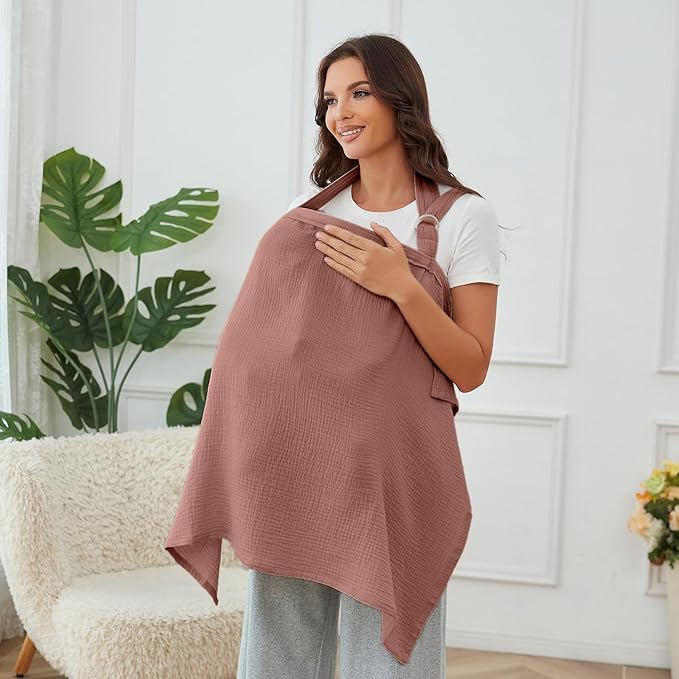 Muslin Nursing Cover for Baby Breastfeeding, Breathable 100% Cotton Breastfeeding Cover with Rigid Hoop for Mother Nursing Apron (Chestnut)