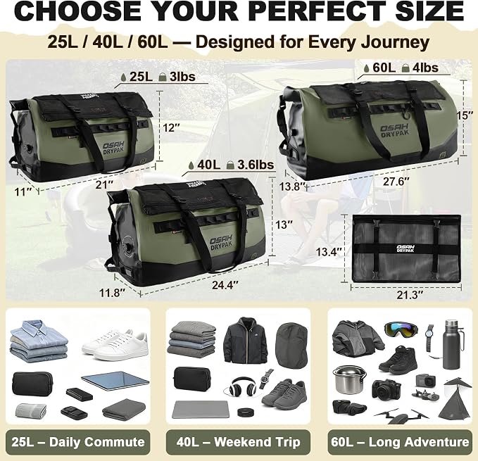 OSAH DRYPAK Waterproof Duffel Bag 25L/40L/60L – Heavy-Duty Motorcycle Tail Bag, Roll-Top Dry Bag for Travel, Camping, Boating, Kayaking, Outdoor Adventure