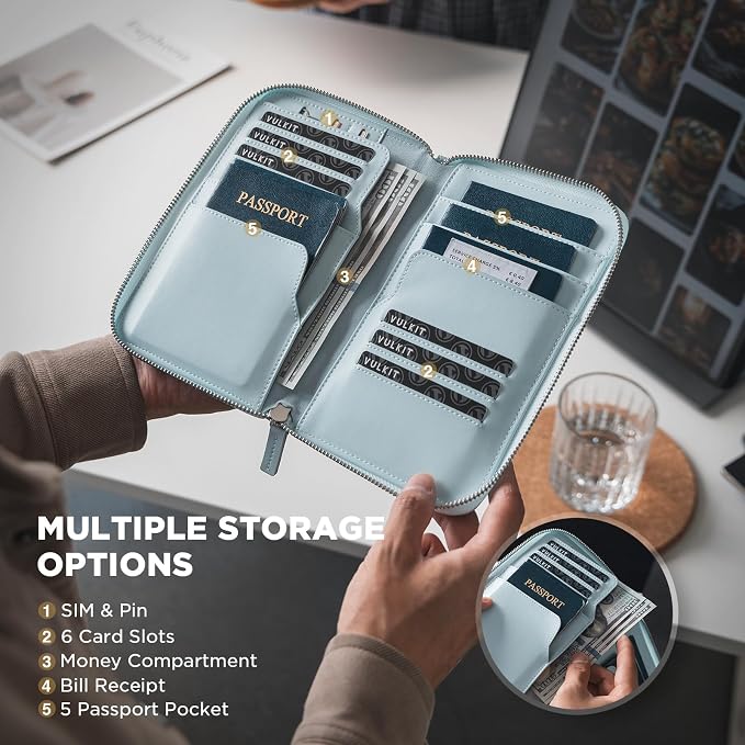 VULKIT Family Passport Holder for 4 Passports - RFID Blocking Travel Wallet Holds Up to 5, Organizer with 4 Slots for Cards & SIM, Secure Zipper Closure, Family Travel Essentials (Light Blue)