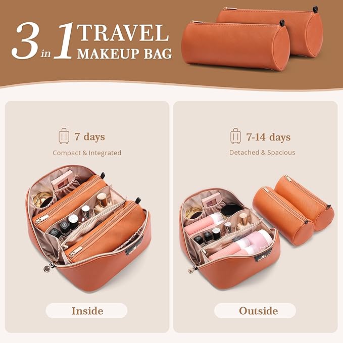 Travel Makeup Bag for Women: 3-in-1 Large Capacity Cosmetics Organizer with 2 Detachable Pouch - Vegan Leather Flat Open Toiletry Bag - Travel Essentials for Full-Sized Bottles(Orange)