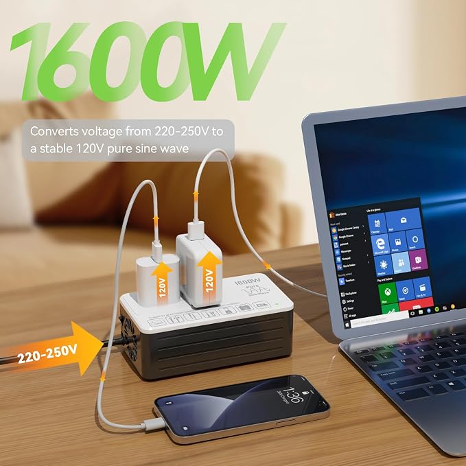 1600W 220V to 110V Converter for European International Travel, Universal Power Plug Adapter Voltage Converter US to Europe, Plug & Play, No Limitations - Power Any American Appliances Overseas
