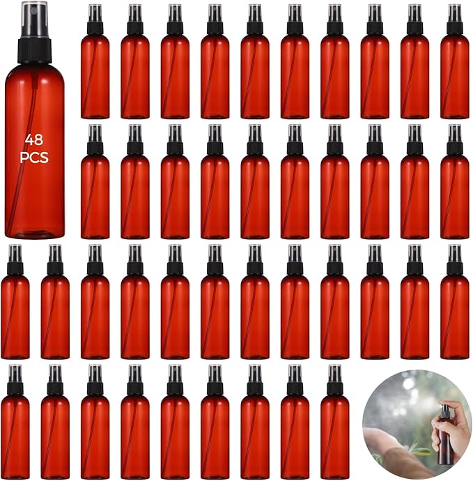 OMISTAR 48 Pcs 4 oz Plastic Spray Bottles - 120 ML Travel Size, Fine Mist Sprayers, Ideal for Perfumes, Cosmetics, Cleaning Solutions, and More, BlackAmber