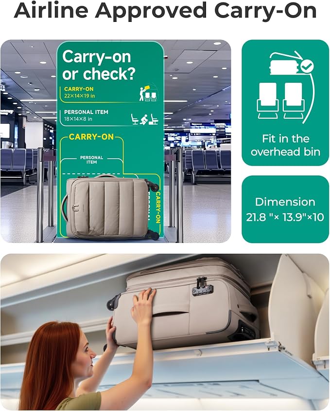 BAGSMART Carry On Luggage 22x14x9 Airline Approved, 20 Inch Soft Suitcase with Wheels, Lightweight Spinner Carry on Suitcase with PVC Wet/Dry Pockets for Short Trip, Camel