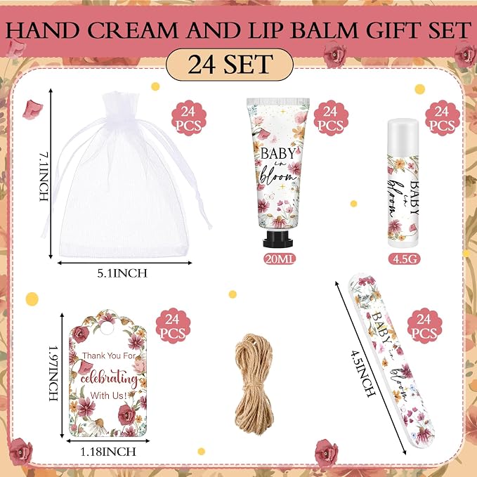 Leelosp 24 Sets Baby in Bloom Wildflower Baby Shower Hand Cream and Lip Balm Gift Bulk Spring Wildflower Travel Size Hand Lotion Lip Balm Nail File Gifts Set Wedding Party Supplies for Guests
