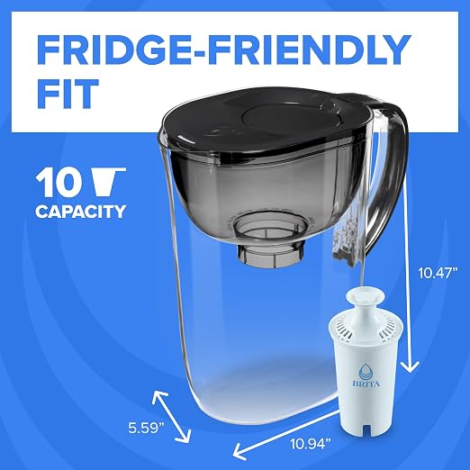 Brita Large 10-Cup Water Filter Pitcher with BritaPlus Filter, WQA NSF/ANSI Certified, Reduces 2X Contaminants vs. Standard, Removes Chlorine Taste & Odor, Reduces Zinc Copper Mercury & More, Black