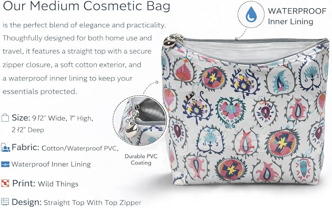 Jacaranda Living Medium Cosmetic Bag – Waterproof PVC-Lined Cosmetic & Toiletry Organizer, Zipper Pouch for Skincare, Makeup & Accessories, Wild Things