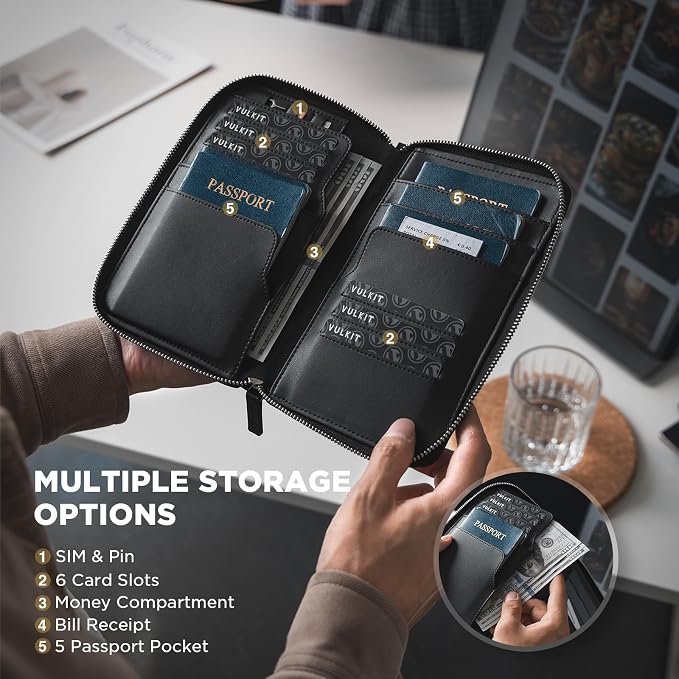 VULKIT Family Passport Holder for 4 Passports - RFID Blocking Travel Wallet Holds Up to 5, Organizer with 4 Slots for Cards & SIM, Secure Zipper Closure, Family Travel Essentials (Black)