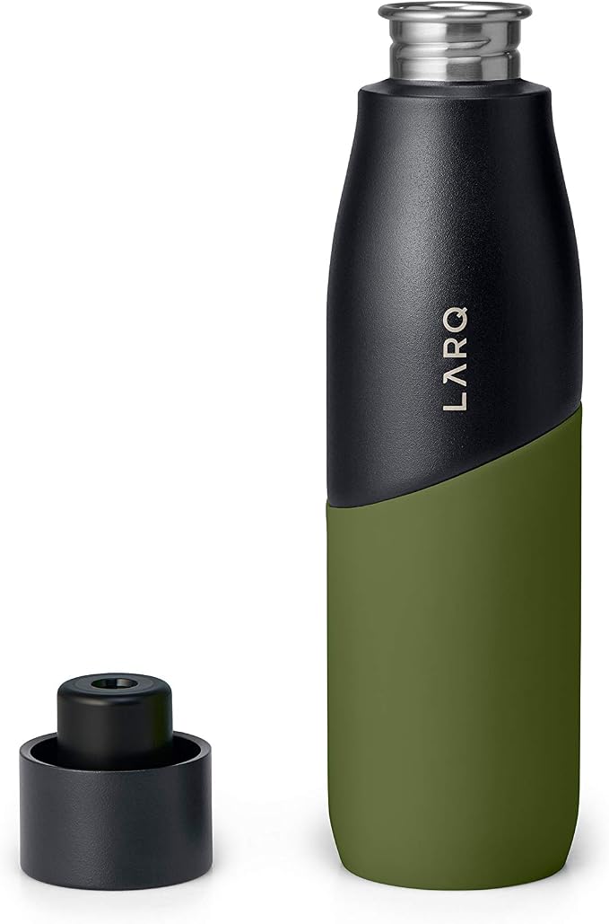 LARQ Bottle Movement PureVis 24 oz- Lightweight Self-Cleaning and Non-Insulated Stainless Steel Water Bottle with UV Water Purifier | Reusable & Travel Friendly, Black/Pine