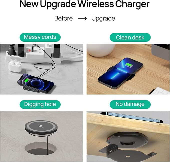KPON Invisible Wireless Charger,30mm Under Desk Charger Mat, Furniture Table Nightstand Desktop Charging Station for iPhone17/16/15/14/13/12/Samsung/LG/Google Pixel Desk Essentials(with QC Adapter)
