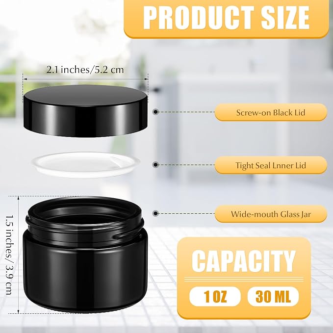 Domensi 60 Pcs 1oz Glass Jars with Lids Bulk Small Glass Salve Tins Cream Container Cosmetic Jars for Travel Balm with Inner Liners for Sample Cream (Black,Black Lid,Plastic Lid)