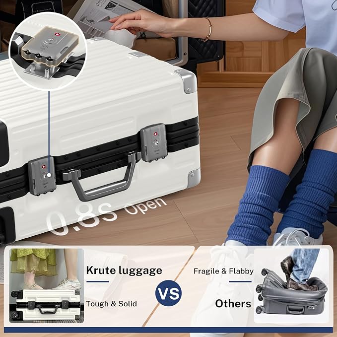 Krute Carry On Luggage 20 inch Aluminum Frame Luggage with Spinner Wheels Hardshell No Zipper PC+ABS TSA Lock Zipperless Suitcases White