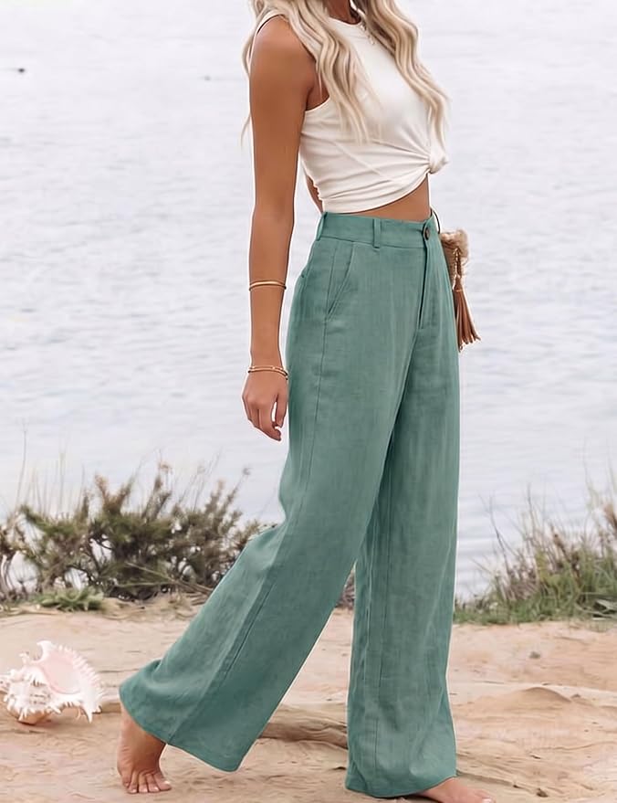 Hooever Womens Cotton Linen Pants Casual Button Up High Waisted Wide Leg Trousers