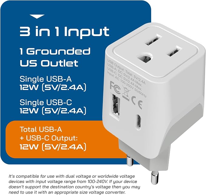 Ceptics European, Egypt Travel Adapter Plug with Dual USB - Type C - Europe - Usa Input - Light Weight - Perfect for Cell Phones, Chargers, Cameras and More - 2 Pack