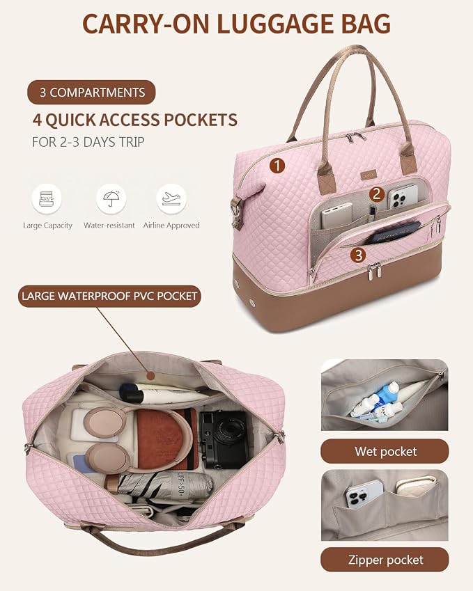 Weekender Bags for Women Travel, Under Seat Carry On Bags for Airplanes Overnight Bag with Shoe Compartment Luggage Sleeve, Foldie Travel Tote Bag Hospital Bag, Travel Gifts, Pink Brown