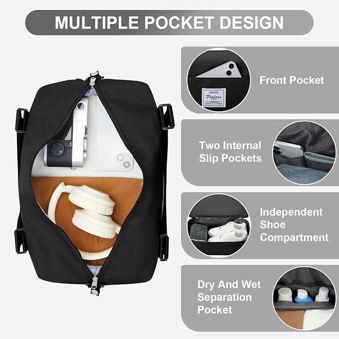 Travel Duffel Bag, 18x14x8 Inches Travel Bag Spirit with Shoes Compartment, Weekender Overnight Bag for Women with Trolley Sleeve, Carry On Bag for Airplanes Sport Tote Gym Bag (Black).