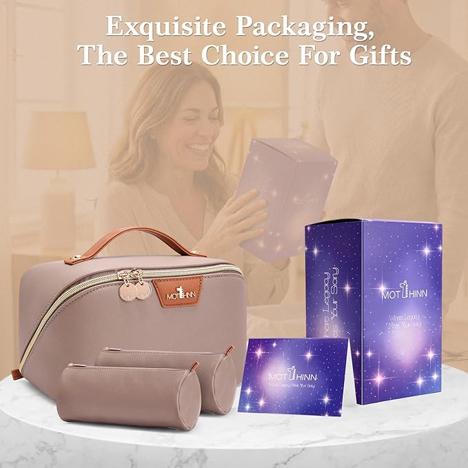 Travel Makeup Bag for Women: 3-in-1 Large Capacity Cosmetics Organizer with 2 Detachable Pouch - Vegan Leather Flat Open Toiletry Bag - Portable Travel Essentials for Full-Sized Bottles(Grey)